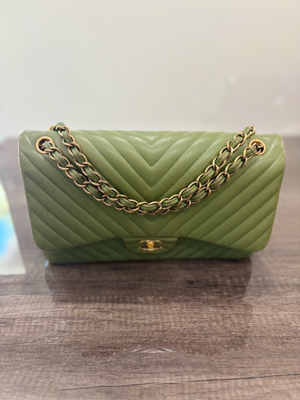 Chevron Lambskin Classic Double Flap Medium Green